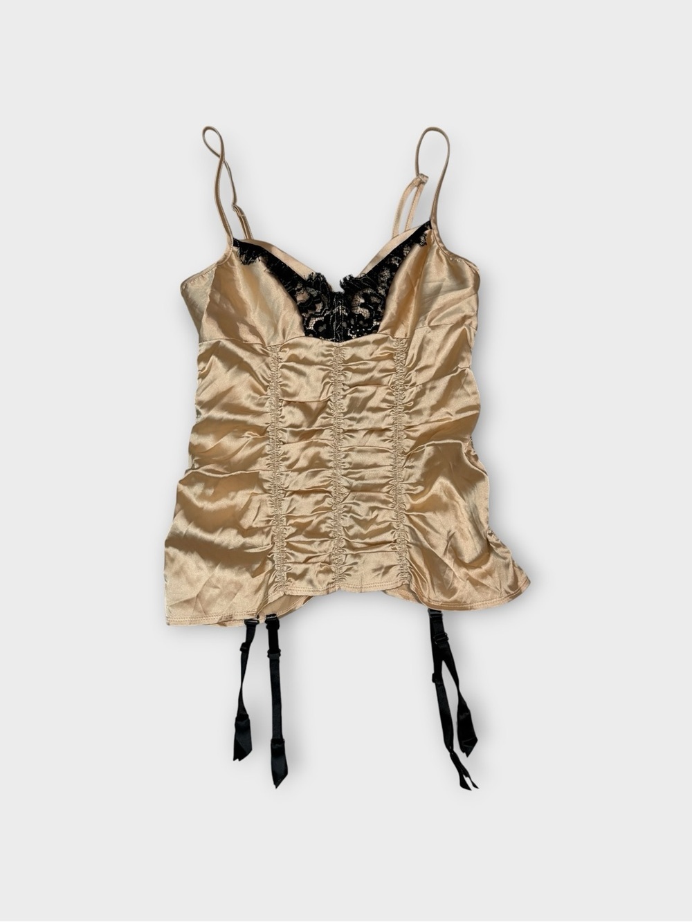 Vintage Fredericks of Hollywood Champagne Satin Lace Cami Corset Top Garter Y2K
